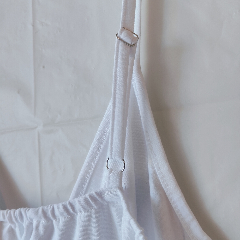 White Spaghetti Strap Dress with Sternum Cutout and Bow, Buttons - Size Large - Picture 5 of 12